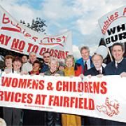 <li> MASS PROTESTS: Bury's two MPS David Chaytor (fourth from the right) and Ivan Lewis (second from the right) joined campaigners when they first marched against the proposals in Bury town centre in October 2004. (Right) Protesters gather to make their
