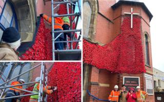 Poppy waterfalled displayed for Remembrance Sunday